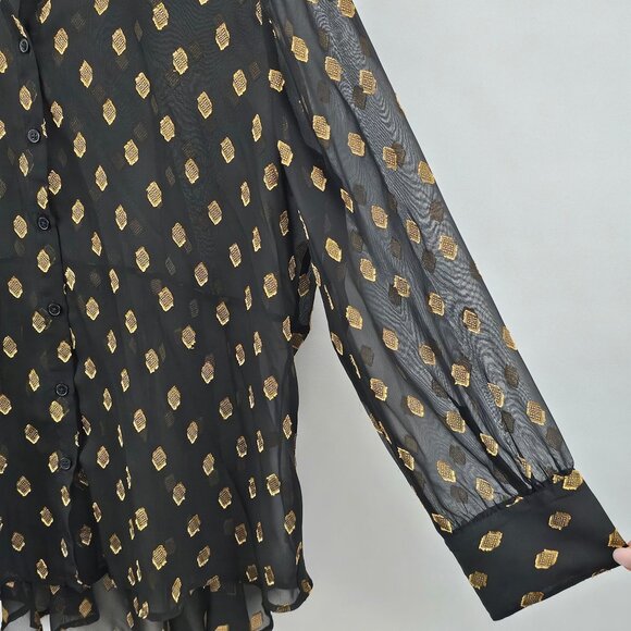 Chico's Button Up Blouse Black Gold Sheer 3/XL Lightweight Peplum Pleated Back - Picture 4 of 12